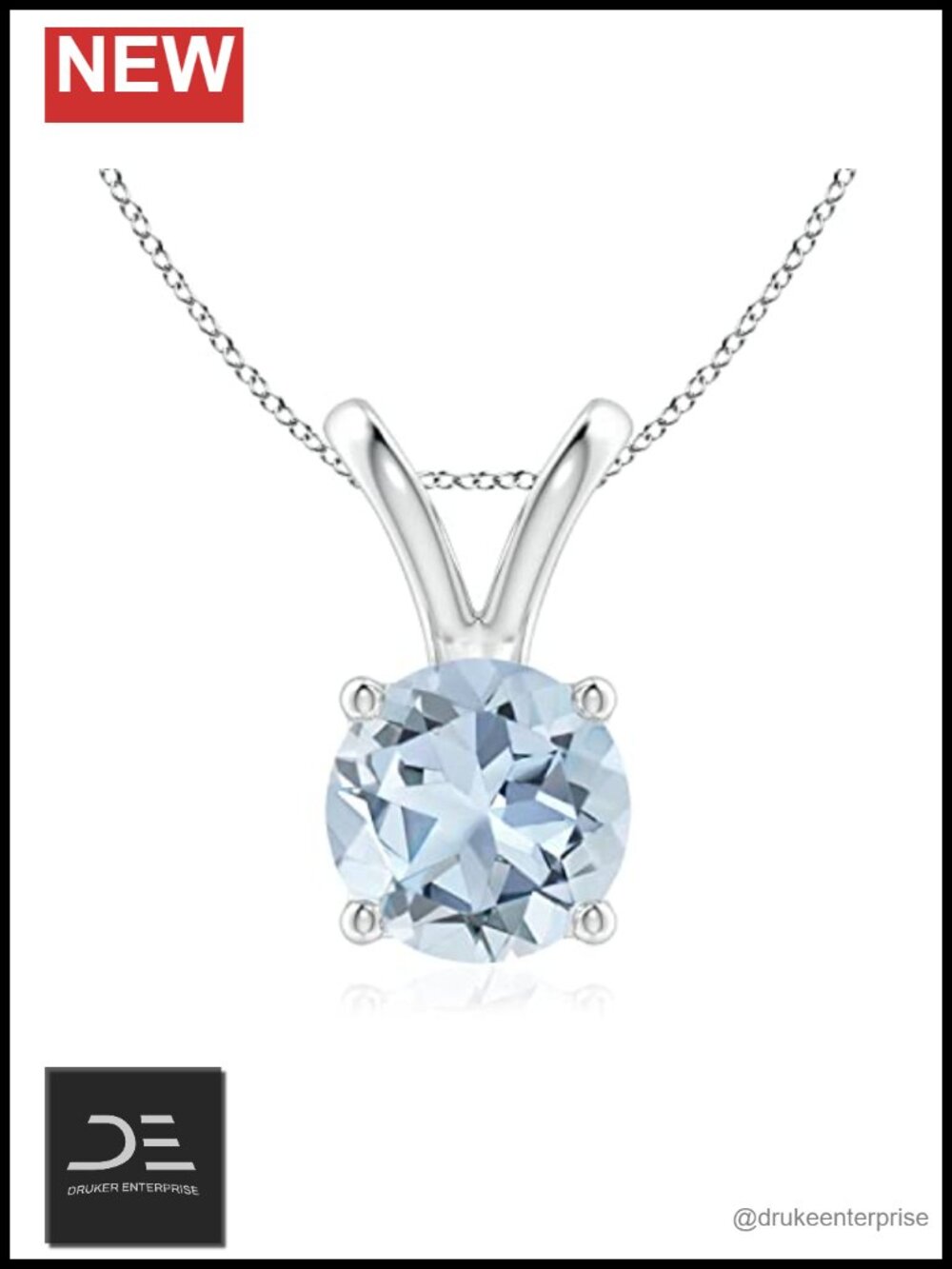 Natural Aquamarine Solitaire Pendant Necklace 18" Chain Sterling Silver Prong